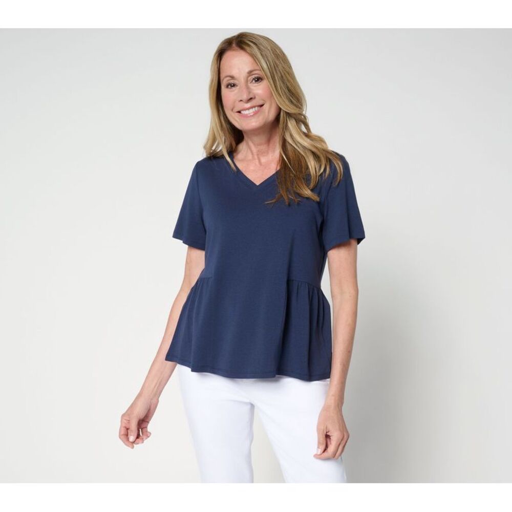 Anybody Women's Top Sz L Cozy Knit Jersey Short Sleeve Peplum Blue A703387